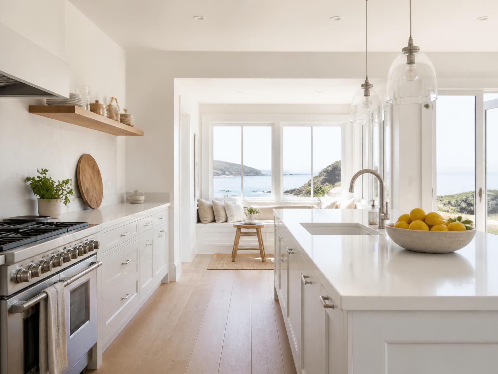 Bright, spotless kitchen in a Dorset coastal home with sea view